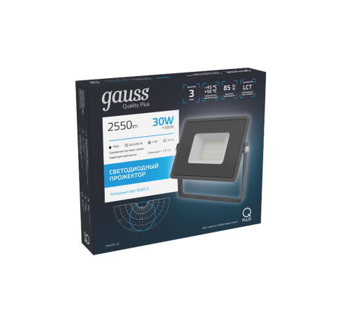 Прожектор светодиодный Qplus 30W 2550lm 6500K 200-240V IP65 графитовый LED 1/10  690511330  Gauss