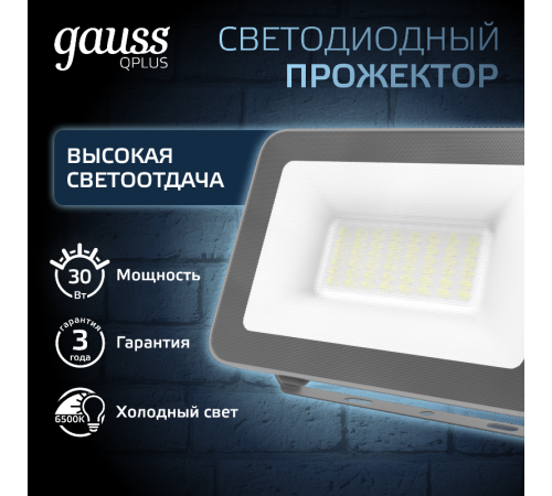 Прожектор светодиодный Qplus 30W 2550lm 6500K 200-240V IP65 графитовый LED 1/10  690511330  Gauss