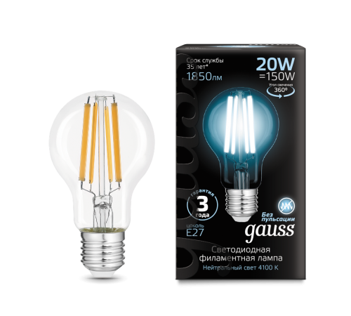 Лампа светодиодная Filament А60 20W 1850lm 4100К Е27 LED /10/40  1029022201  Gauss