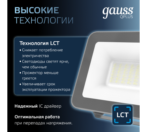 Прожектор светодиодный Qplus 30W 2550lm 6500K 200-240V IP65 графитовый LED 1/10  690511330  Gauss