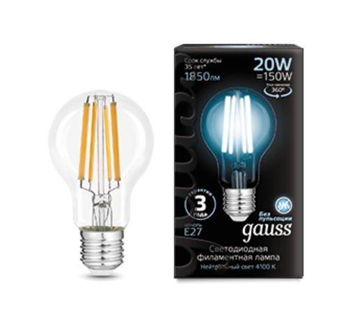 Лампа светодиодная Filament А60 20W 1850lm 4100К Е27 LED /10/40  1029022201  Gauss