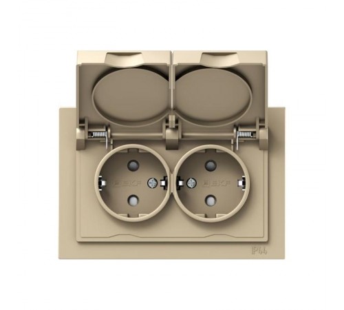 Механизм розетки двойной, 16А, IP44, с заземлением, со шторками, с рамкой, с крышками, шампань Эпика  UP1-SOC-211-44 EKF