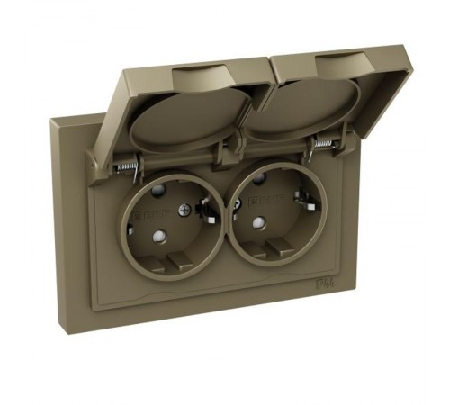 Механизм розетки двойной, 16А, IP44, с заземлением, со шторками, с рамкой, с крышками, шампань Эпика  UP1-SOC-211-44 EKF