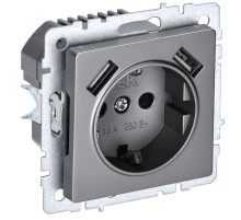 BRITE Розетка с заземлением со шторками 16А с USB A+A 3,1А РЮш10-2-БрС сталь  BR-R14-16-U21-D31-K46  IEK