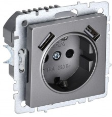 BRITE Розетка с заземлением со шторками 16А с USB A+A 2,1А РЮш10-1-БрС сталь  BR-R14-16-U21-D21-K46  IEK