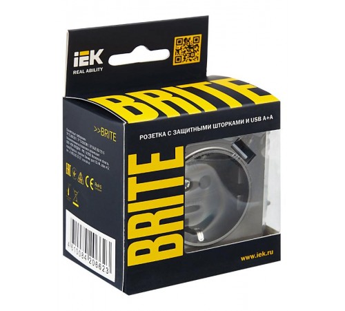 BRITE Розетка с заземлением со шторками 16А с USB A+A 3,1А РЮш10-2-БрС сталь  BR-R14-16-U21-D31-K46  IEK