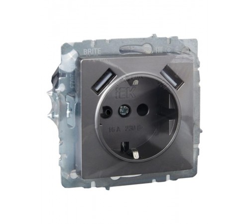 BRITE Розетка с заземлением со шторками 16А с USB A+A 3,1А РЮш10-2-БрС сталь  BR-R14-16-U21-D31-K46  IEK