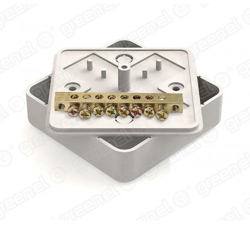 Коробка уравнивания потенциалов (КУП) 75х75х20мм с шиной 6х9, 8групп, наклейка "заземление",  БЕЛЫЙ GE41214-01  GREENEL