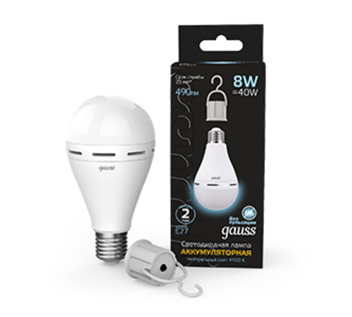 Лампа светодиодная A60 8W 490lm 4100K E27 с Li-Ion аккумулятором LED 1/25  102402208  Gauss