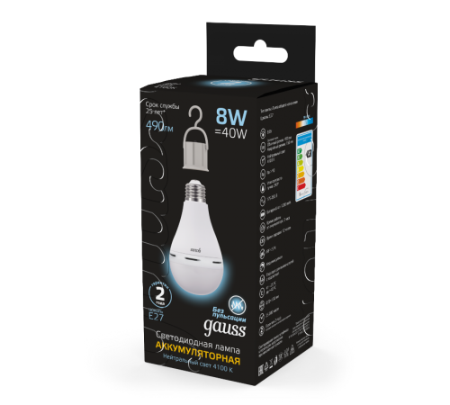 Лампа светодиодная A60 8W 490lm 4100K E27 с Li-Ion аккумулятором LED 1/25  102402208  Gauss