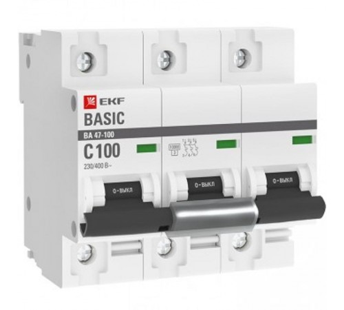 Выключатель автоматический трехполюсный 3P 100А (C) 10kA ВА 47-100 Basic  mcb47100-3-100C-bas  EKF