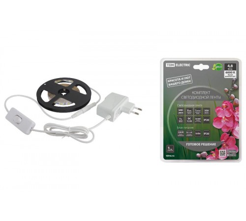 Комплект светодиодной ленты SMD2835-60 LED/м-12 В-4,8 Вт/м-IP20-6000 К (3 м), 18 Вт   SQ0331-0224  TDM
