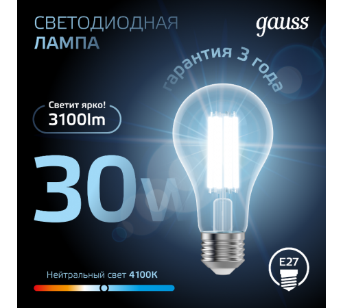 Лампа светодиодная Filament А70 30W 3100lm 4100К Е27 LED 1/10/40  102902230  Gauss