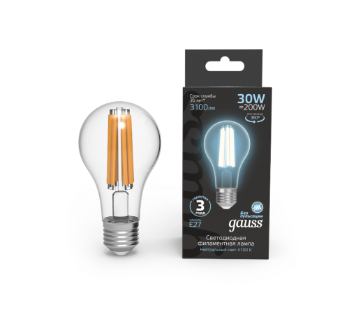 Лампа светодиодная Filament А70 30W 3100lm 4100К Е27 LED 1/10/40  102902230  Gauss