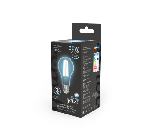 Лампа светодиодная Filament А70 30W 3100lm 4100К Е27 LED 1/10/40  102902230  Gauss