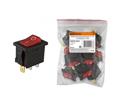 Клавишный переключатель YL-211-02 черный корпус красная клавиша 2 положения 1з  SQ0703-0020  TDM