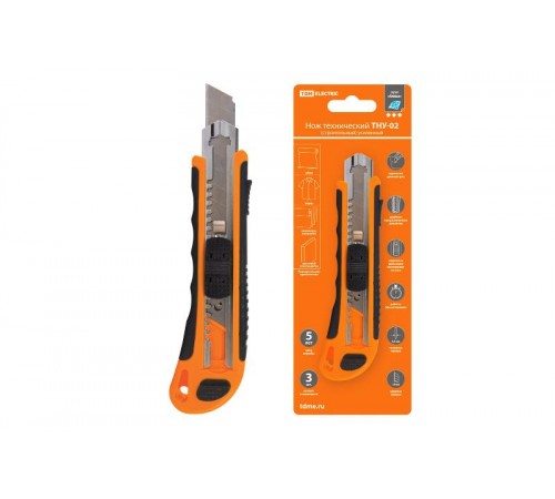 Нож технический (строительный) усиленный, ТНУ-02, 18 мм, 3 сегментированных лезвия, автосмена, серия  SQ1033-0102  TDM