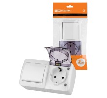 Блок выключатель 1-кл. 10А + розетка 2П+З 16А с защ. штор. с прозр. крыш. IP54 белый "Селигер"  SQ1818-0021  TDM