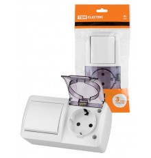 Блок выключатель 1-кл. 10А + розетка 2П+З 16А с защ. штор. с прозр. крыш. IP54 белый "Селигер"  SQ1818-0021  TDM