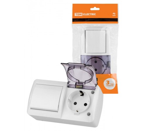 Блок выключатель 1-кл. 10А + розетка 2П+З 16А с защ. штор. с прозр. крыш. IP54 белый "Селигер"  SQ1818-0021  TDM