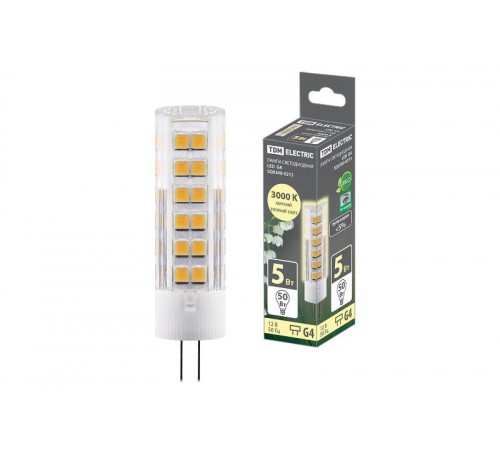 Лампа светодиодная G4-5 Вт-AC/DC 12 В-3000 К, SMD, 16x57 мм  SQ0340-0213  TDM