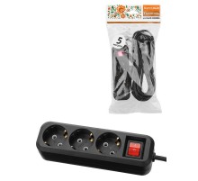 Удлинитель 3 гнезда, 5 метров, с/з, выкл., 10 А, 2300 Вт, черный, НАРОДНЫЙ SQ1303-1122  TDM