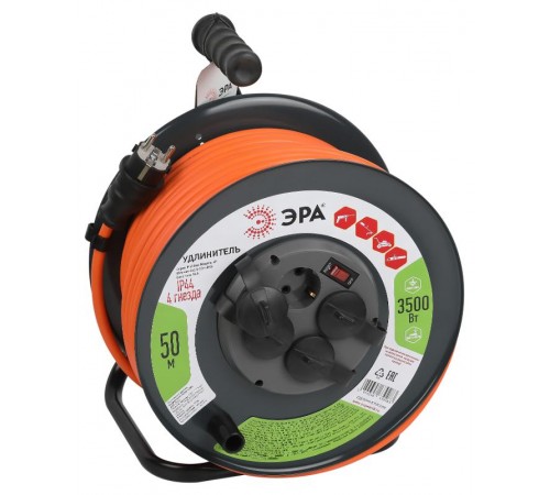 Удлинитель силовой ЭРА RMx-4es-3x2.5-50m-IP44 на метал катушке с з/к с выключателем 4 розетки 50м ПВС  Б0052922  Эра