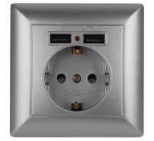 Розетка Intro Solo 4-410-03 с заземлением P+E Schuko со шторками, 16А-250В + 2хUSB, IP20, СУ, алюминий  Б0053715  Intro