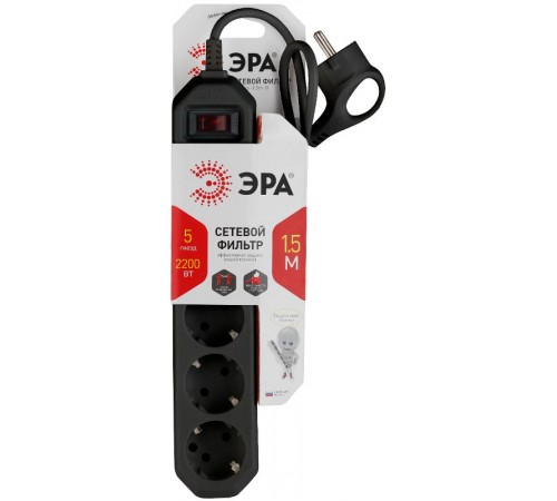 Сетевой фильтр USF-5es-1.5m-B   (черный) с заземл, 3x0,75мм2, с выкл, 5гн, 1.5м (20/600) Б0019032  ЭРА