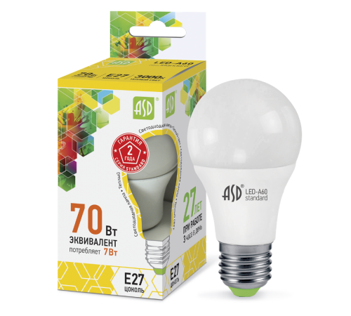 Лампа светодиодная LED-A60-standard 7Вт 230В Е27 3000К 630Лм  4690612001692  ASD