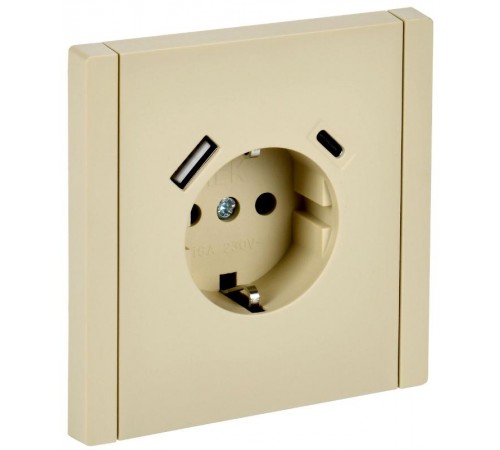 FORTE&PIANO Розетка с заземлением, со шторками в/к 16А USB A+C 18Вт FP447 ваниль  FP-R14-16-U22-018-K10  IEK