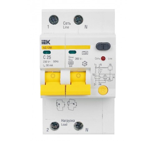 Выключатель автоматический дифференциального тока АД12М 2п 25А C 30мА тип A (3 мод)  MAD12-2-025-C-030  IEK