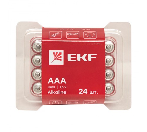 Батарейка алкалиновая типа ААА(LR03) пластиковый бокс 24шт.  LR03-BOX24  EKF