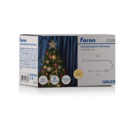 Светодиодная гирлянда CL05 линейная 10м +1.5м 230V 2700K c питанием от сети  32304  Feron