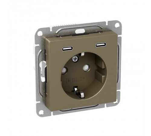 Механизм розетки с USB-C - 2шт, 16А, с заземлением, со шторками, шампань Эпика  UP1-SOC-111-2USBC EKF