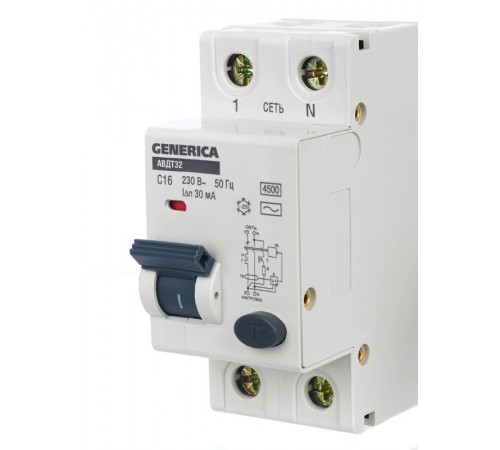 Выключатель автоматический дифференциального тока АВДТ 32 1п+N 16А C 30мА тип AC   MAD25-5-016-C-30  GENERICA