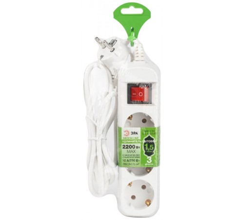 Удлинитель электрический ЭРА UDL-10-315-ES Greenline 3 розетки с заземлением с выключателем 1,5м ПВС 3x0.75мм2   Б0065051  ЭРА