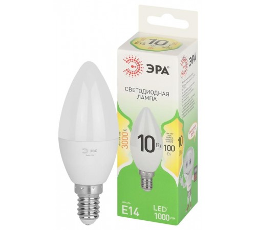 Лампа светодиодная  GREEN LINE LED B35-10W-830-E14 GL E14 10 Вт свеча теплый свет  Б0067108  ЭРА