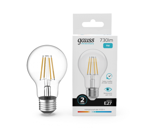 Лампа светодиодная   Filament Elementary А60 9W 730lm 4100К Е27 LED 1/10/50  22229  Gauss