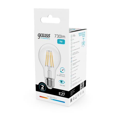 Лампа светодиодная   Filament Elementary А60 9W 730lm 4100К Е27 LED 1/10/50  22229  Gauss