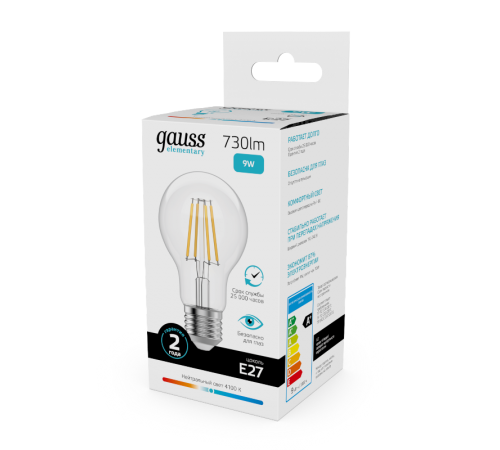 Лампа светодиодная   Filament Elementary А60 9W 730lm 4100К Е27 LED 1/10/50  22229  Gauss