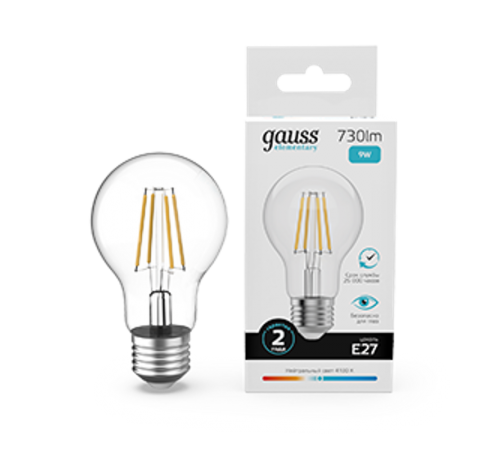 Лампа светодиодная   Filament Elementary А60 9W 730lm 4100К Е27 LED 1/10/50  22229  Gauss