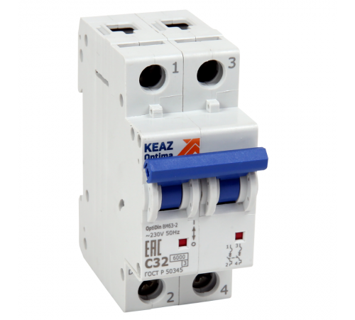 Выключатель автоматический двухполюсный OptiDin BM63-2B32-ОМ4-РЕГ  233833  КЭАЗ