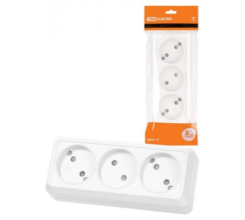 Розетка 3-х местная горизонтальная 2П открытой установки IP20 10A с з/ш белая "Ладога  SQ1801-0125  TDM