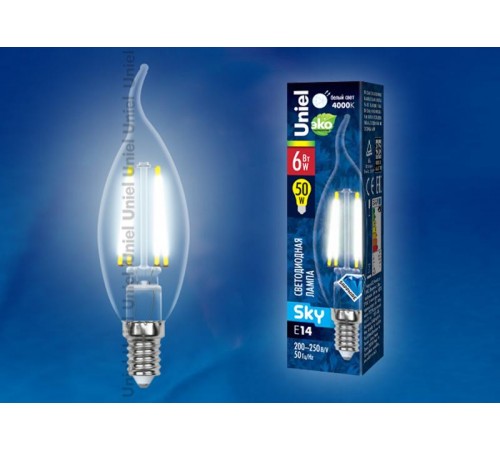 Лампа светодиодная LED-CW35-6W/NW/E14/CL PLS02WH LED. "свеча на ветру", прозр. Серия Sky. 4000К  UL-00001374  Uniel