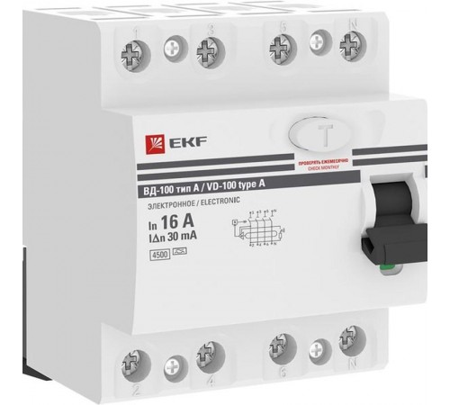 Выключатель дифференциальный (УЗО) ВД-100 4п 16А 30мА (тип А, эл-мех) PROximа  elcb-4-16-30-em-А-pro  EKF (замена - E1046MA1630)