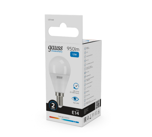 Лампа светодиодная Elementary Шар 12W 950lm 6500K Е14 LED 1/10/100  53132  Gauss
