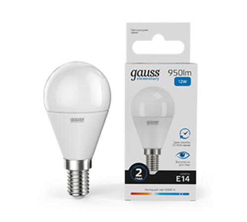 Лампа светодиодная Elementary Шар 12W 950lm 6500K Е14 LED 1/10/100  53132  Gauss