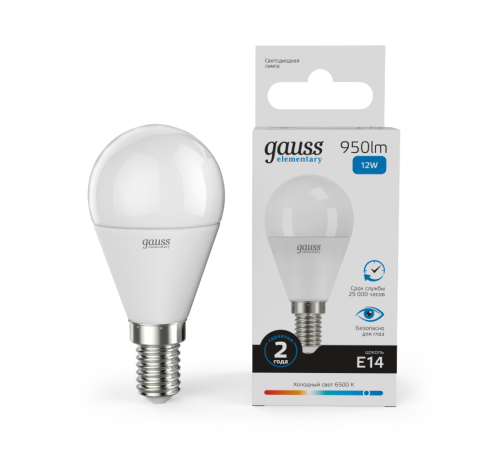 Лампа светодиодная Elementary Шар 12W 950lm 6500K Е14 LED 1/10/100  53132  Gauss