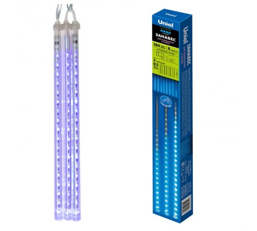 Занавес светодиодный "Падающие звезды" ULD-E2405-240/DTK BLUE IP44 METEOR соед. 2х0,5м 8 нитей синий свет, шнур прозр.  11123  Uniel